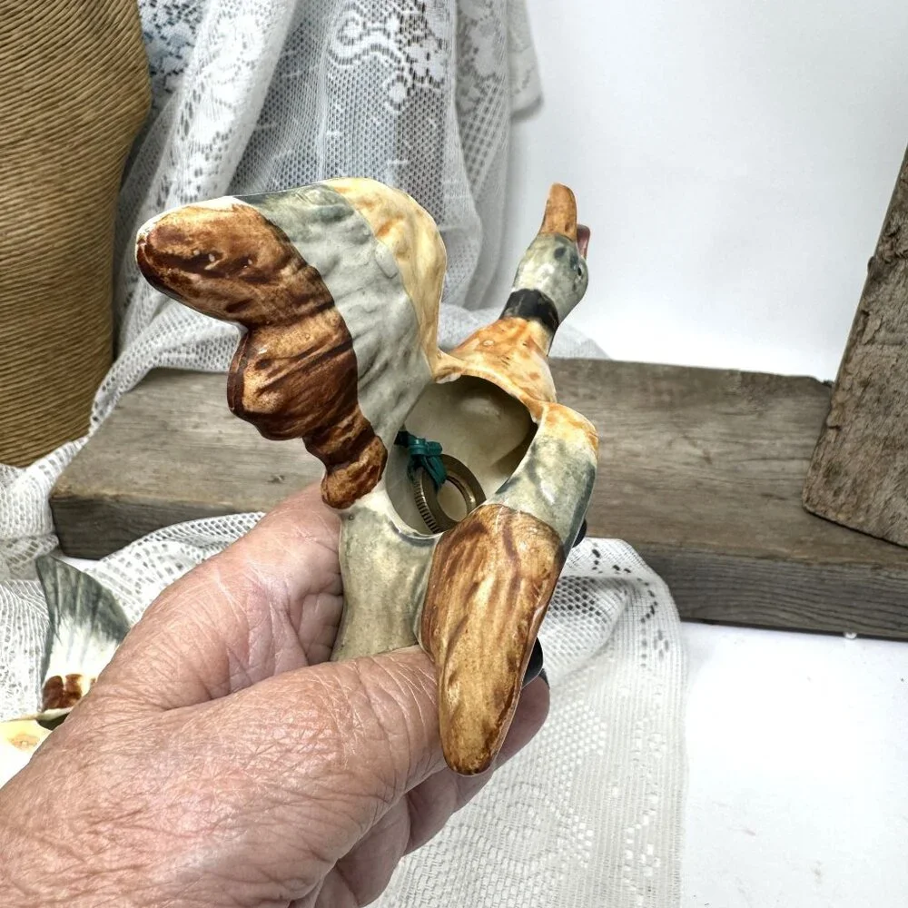 Vintage Ceramic Flying Mallard Duck Figurine Wall Pocket Planter Japan Mid-Centu